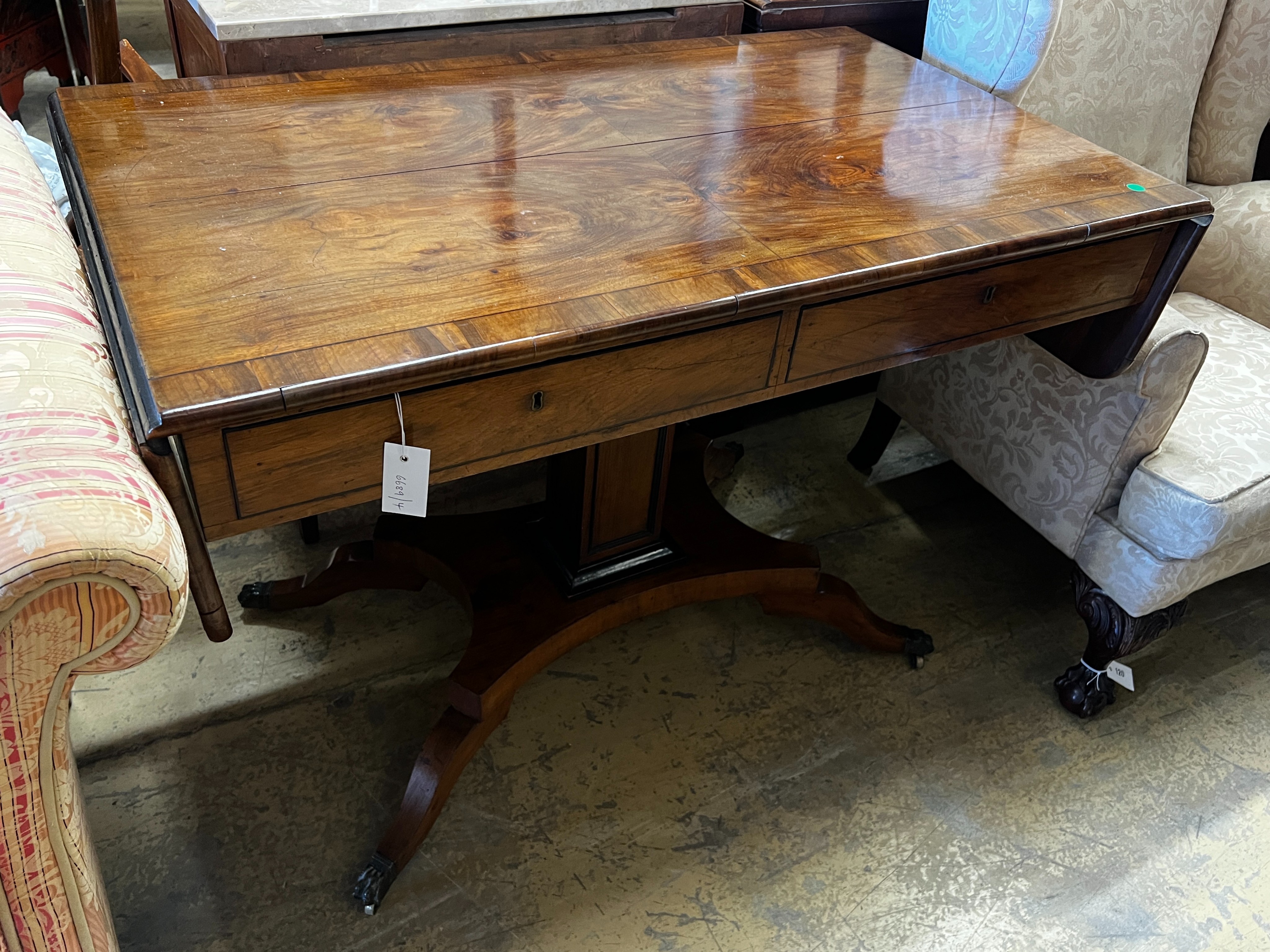 An early 19th century Continental walnut sofa table, width 110cm, depth 64cm, height 78cm